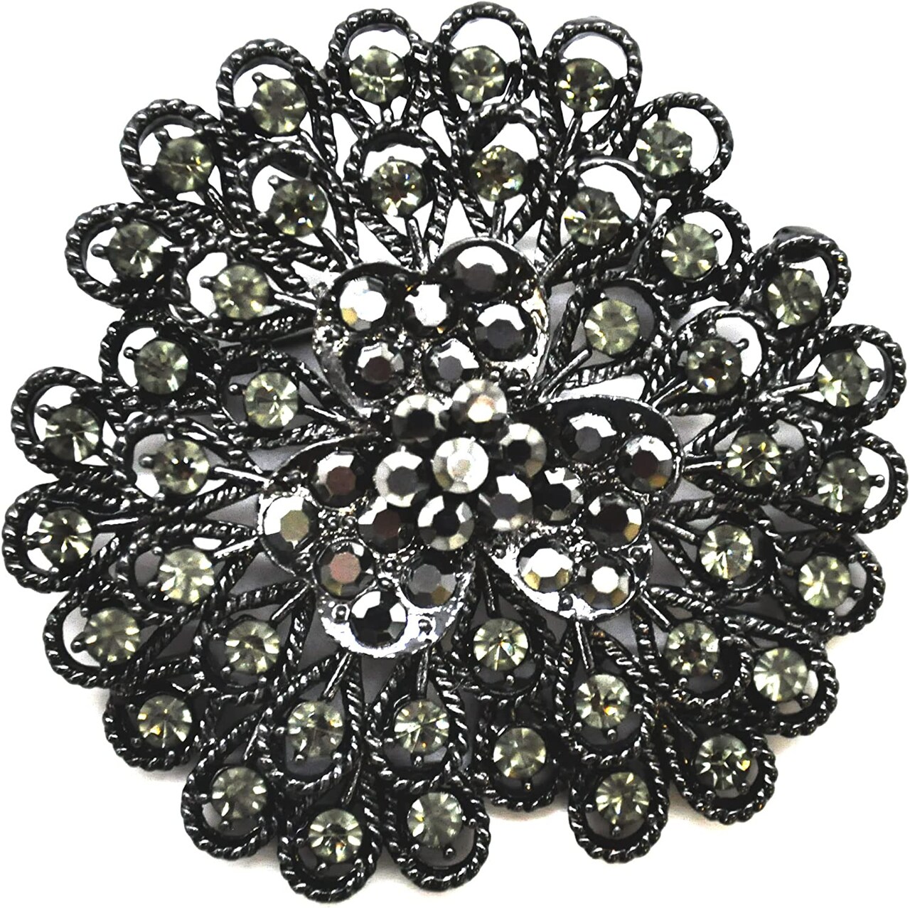 Belagio Rhinestone Brooch, 2.5" Diameter, 1 Piece, Peacock Fan, Black/Metal Gray